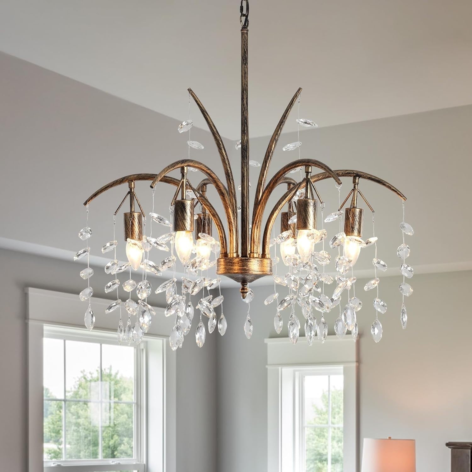 6-Light Bronze Crystal Chandelier 27.6" Vintage Empire Antique Dining Room