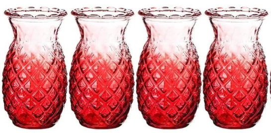 Pineapple Glass Cocktail Cups Set of 4 Tropical Tiki Bar Red Ombre 18 oz Glasses