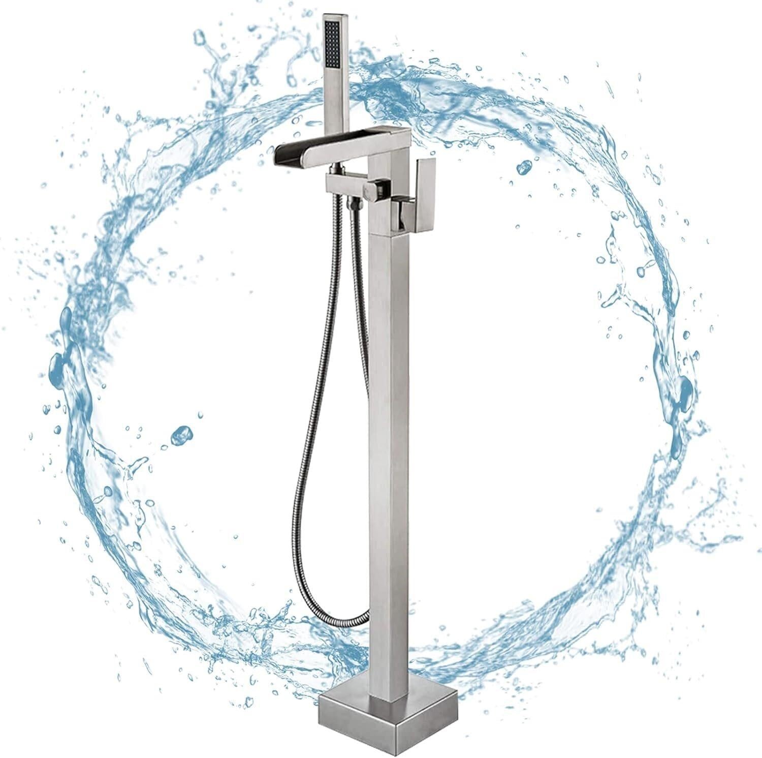 Freestanding Bathtub Faucet Brushed Nickel Waterfall Floor Mount Solid Brass