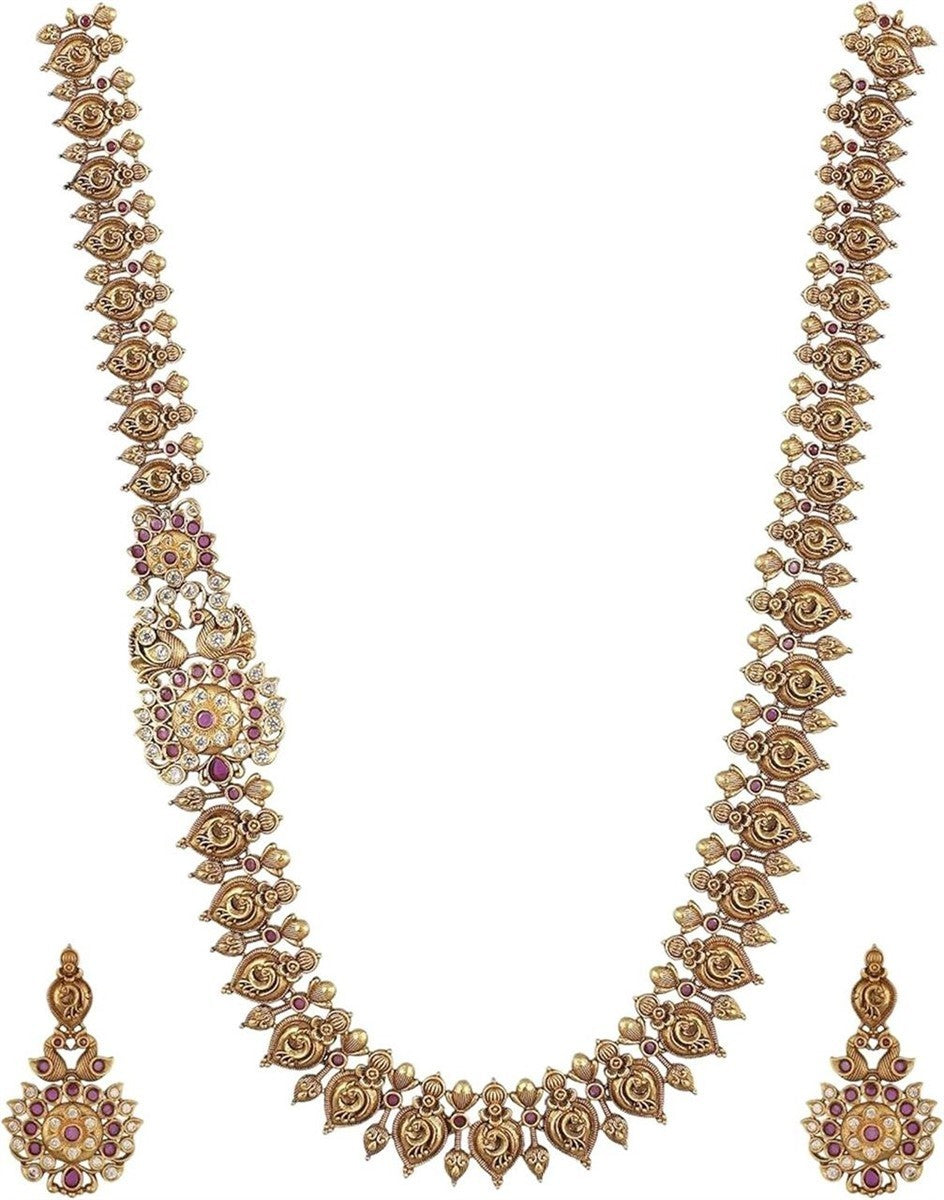 TARINIKA Indian Bridal Antique Gold Long Haaram Necklace Set CZ Peacock Earrings