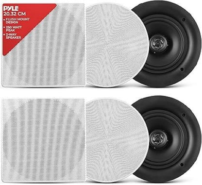 Pyle PDIC86 8" Ceiling Speakers Pair 2-Way 250W Flush Mount Round Square Grilles