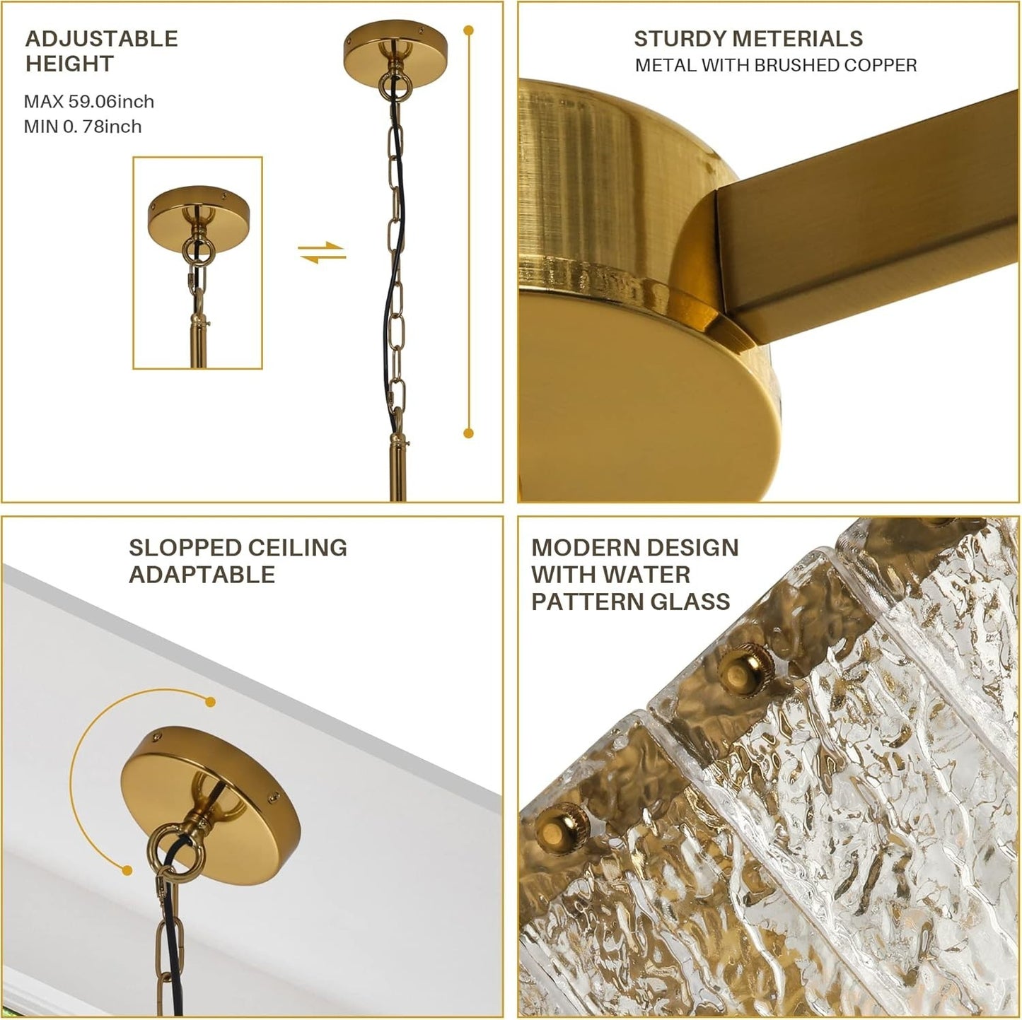 Modern Gold Square Chandelier Crystal Water Ripple Glass Pendant Light 16"