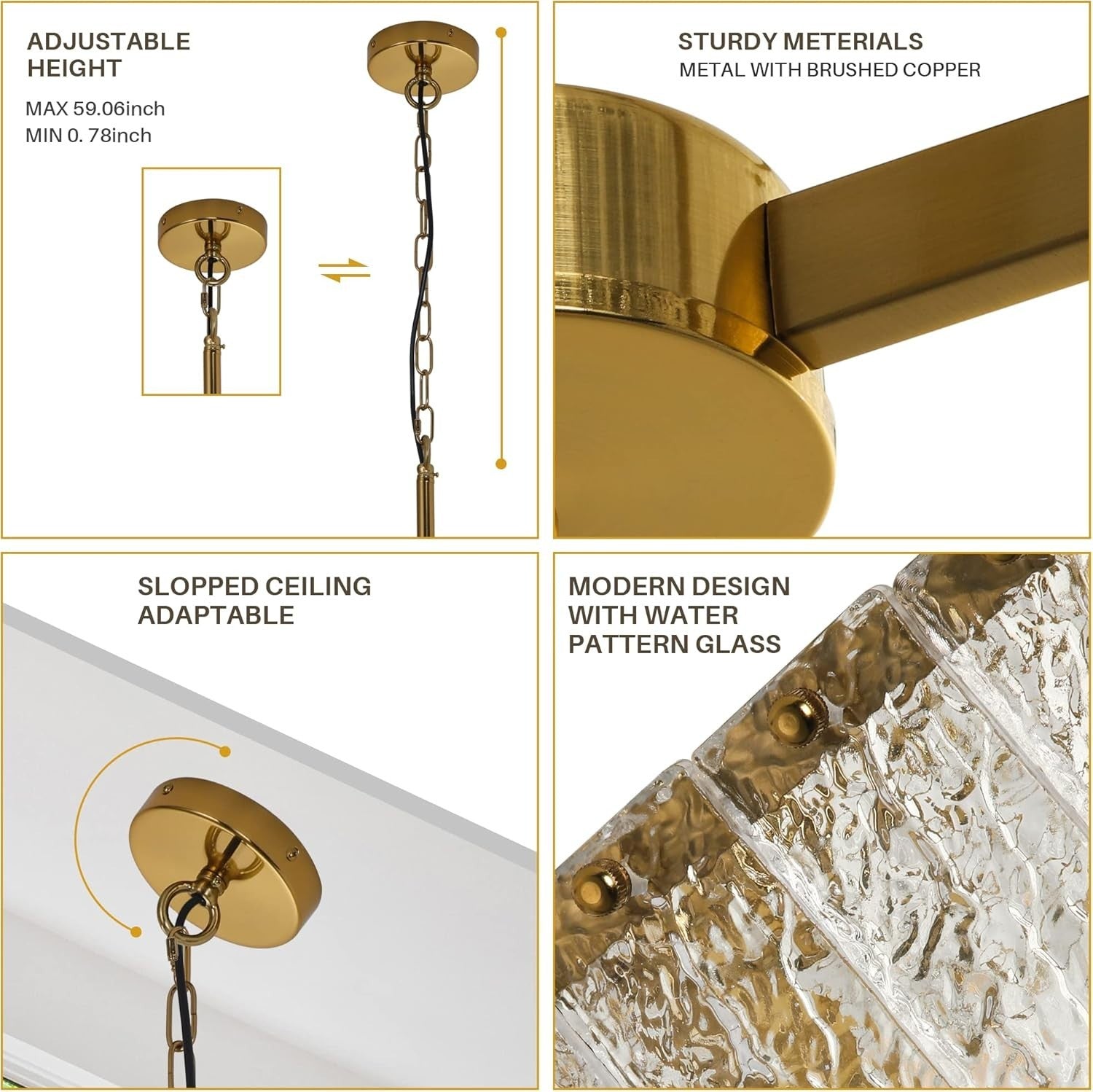 Modern Gold Square Chandelier Crystal Water Ripple Glass Pendant Light 16"