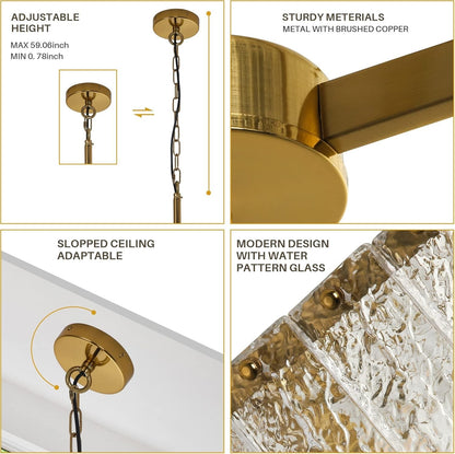 Modern Gold Square Chandelier Crystal Water Ripple Glass Pendant Light 16"