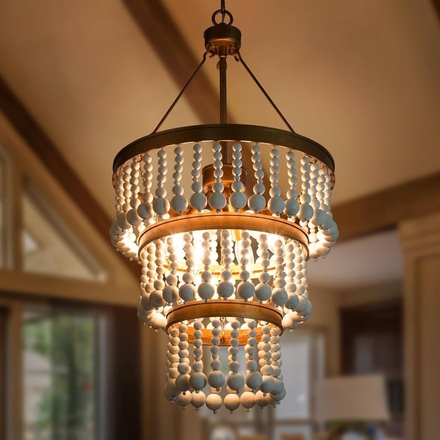 3-Tier Wood Bead Chandelier 6-Light Antique Gold Boho Farmhouse 16" UL E12
