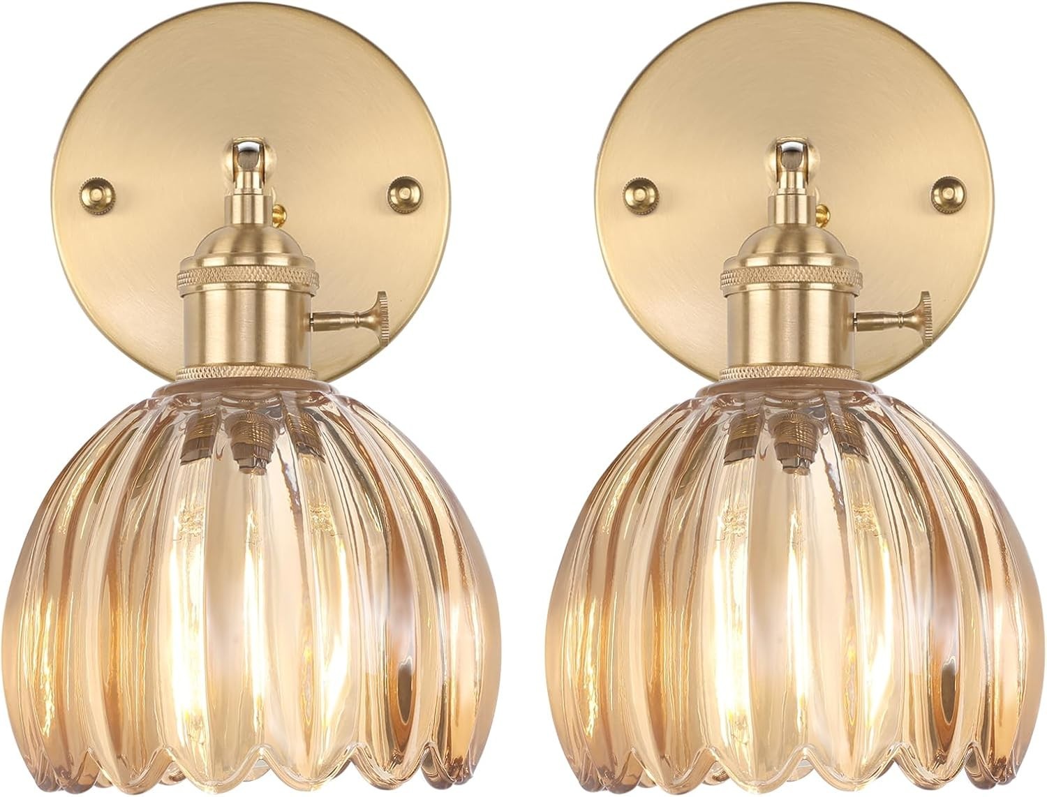 Vintage Wall Sconce 2-Pack Amber Tulip Glass Brass 180 Adjustable Hardwired LED