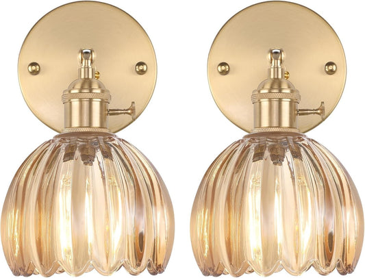 Vintage Wall Sconce 2-Pack Amber Tulip Glass Brass 180 Adjustable Hardwired LED
