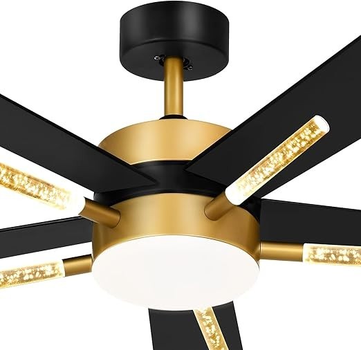 YITAHOME 60" Ceiling Fan Light Remote Crystal Rod Black Gold DC 5 Blade LED
