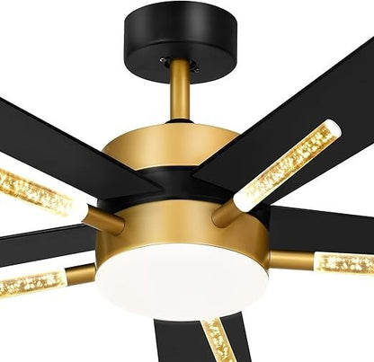 YITAHOME 60" Ceiling Fan Light Remote Crystal Rod Black Gold DC 5 Blade LED