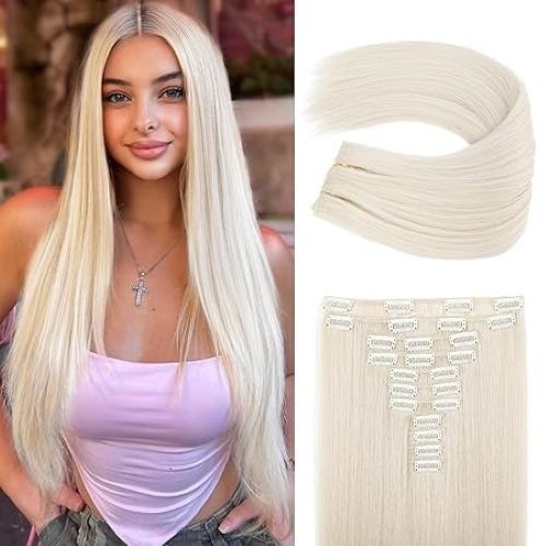 REECHO 11PC Clip In Hair Extensions 24" Straight Platinum Blonde HE005 Synthetic