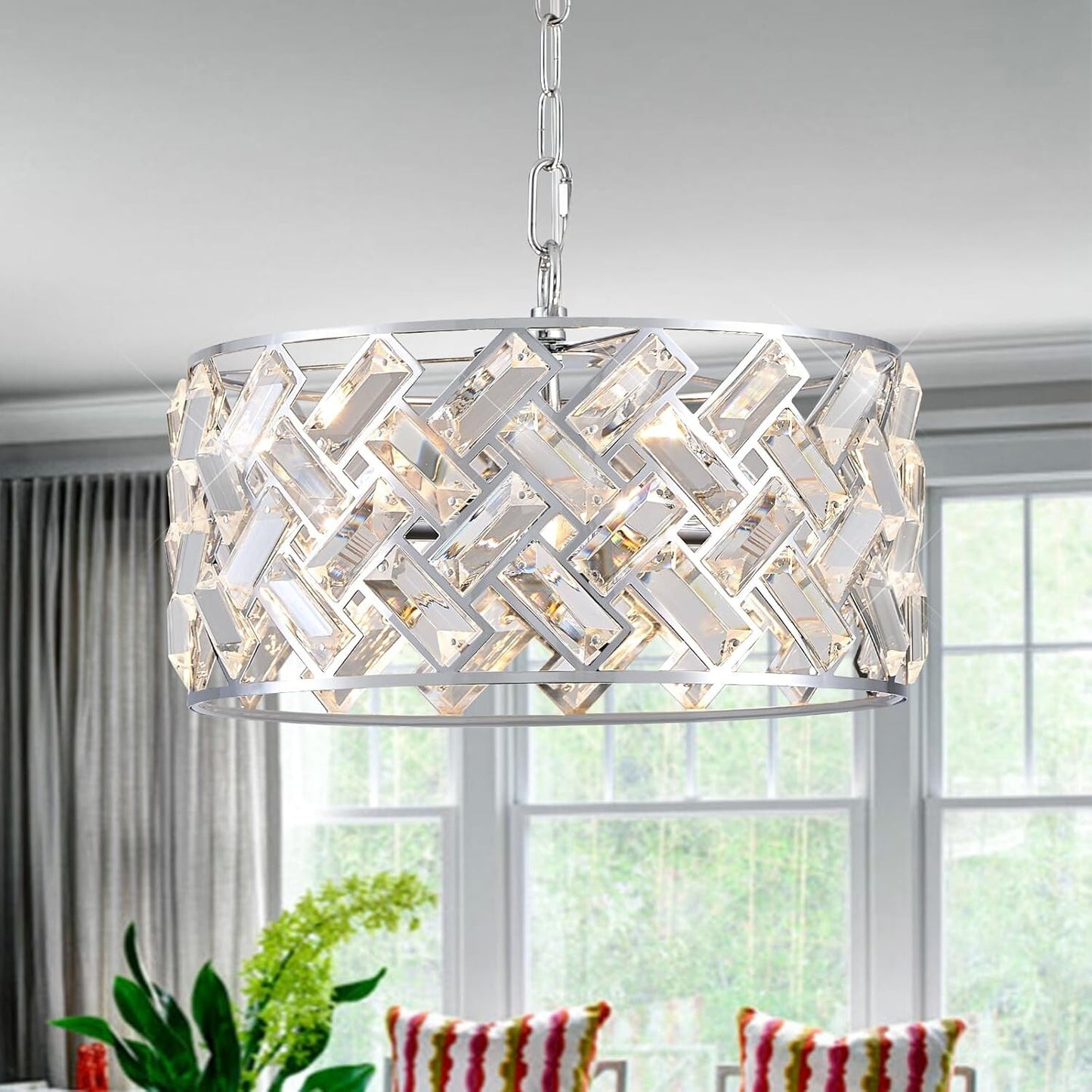 12" Crystal & Polished Chrome 4-Light Chandelier - Modern Drum Pendant Light