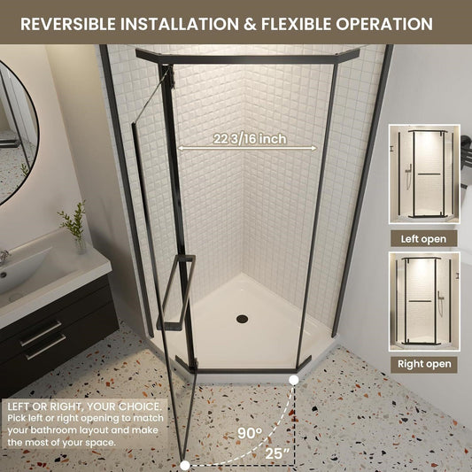 GOBESTRY 36" Neo-Angle Frameless Shower Door Matte Black SGCC Tempered NO BASE