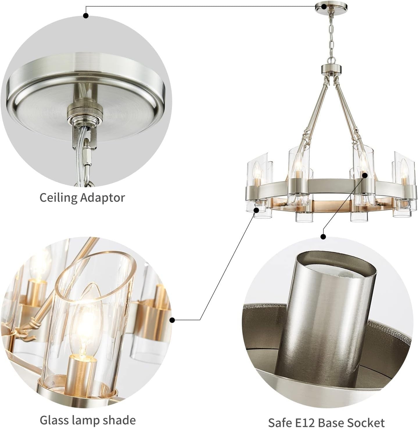 Industrial Farmhouse Wagon Wheel Chandelier - 26" Nickel Round Dining Room Light