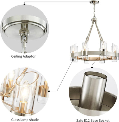 Industrial Farmhouse Wagon Wheel Chandelier - 26" Nickel Round Dining Room Light