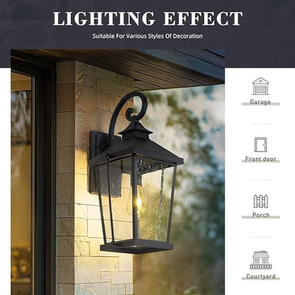 zeyu 22" Outdoor Wall Lantern 1-Light Seeded Glass Black Porch Light ETL E26