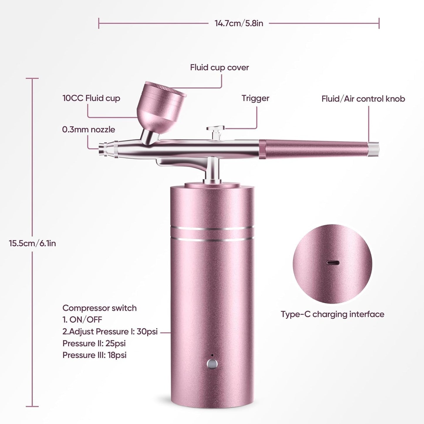 lussmioe Airbrush Kit Compressor 30PSI Cordless 0.3mm Nail Makeup Art Pink