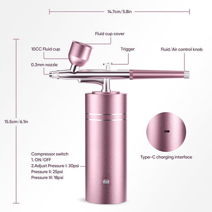 lussmioe Airbrush Kit Compressor 30PSI Cordless 0.3mm Nail Makeup Art Pink