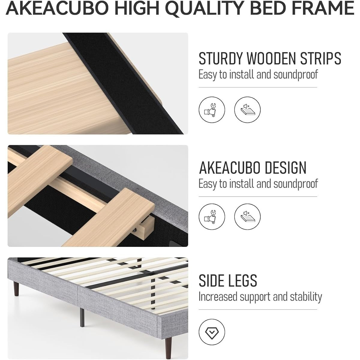 Akeacubo Queen Bed Frame — Grey Linen Tufted Headboard No Box Spring Needed New