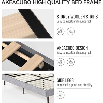 Akeacubo Queen Bed Frame — Grey Linen Tufted Headboard No Box Spring Needed New