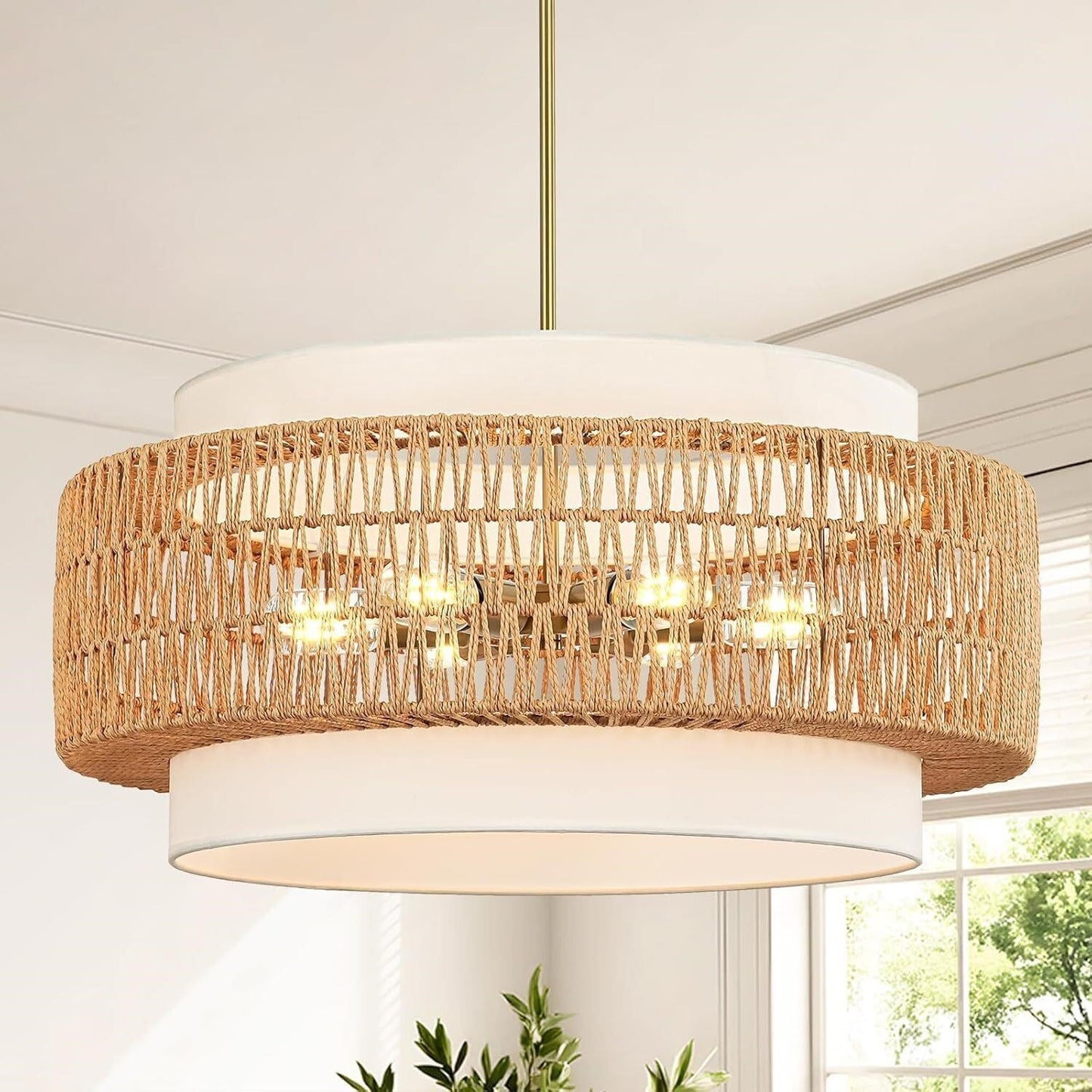 6-Light Rattan Chandelier - 25.6" Adjustable Hand Woven Drum Light - Dimmable