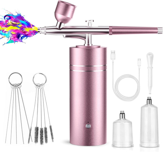 lussmioe Airbrush Kit Compressor 30PSI Cordless 0.3mm Nail Makeup Art Pink