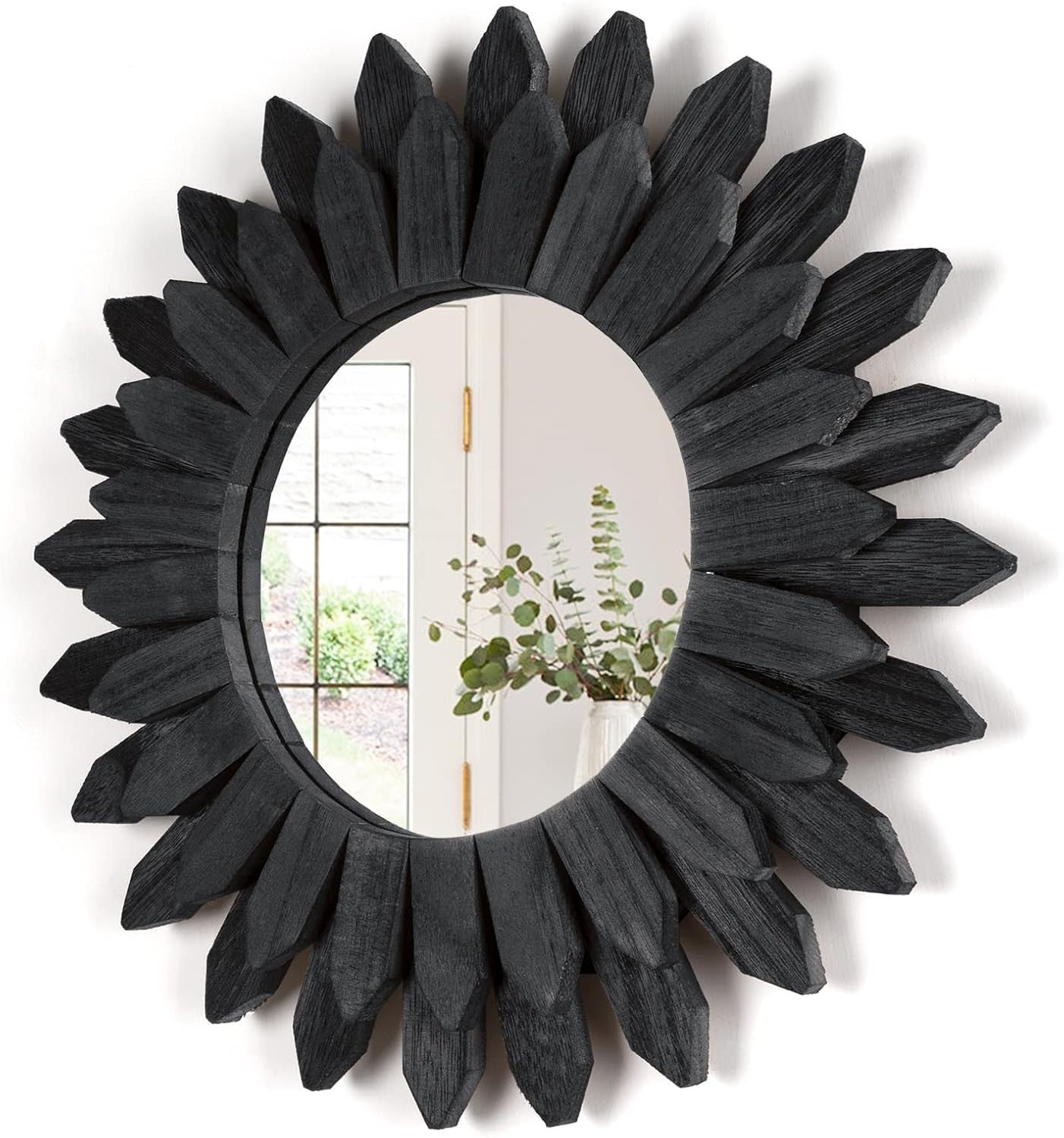 Honiway 12" Black Sunburst Mirror Solid Wood Boho Wall Decor Carbonized