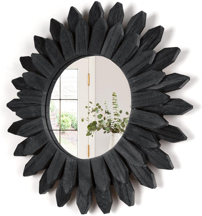 Honiway 12" Black Sunburst Mirror Solid Wood Boho Wall Decor Carbonized
