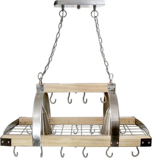 Elegant Designs PR1001-WOD 2-Light Wood Pot Rack 16 Hooks Downlights Nickel