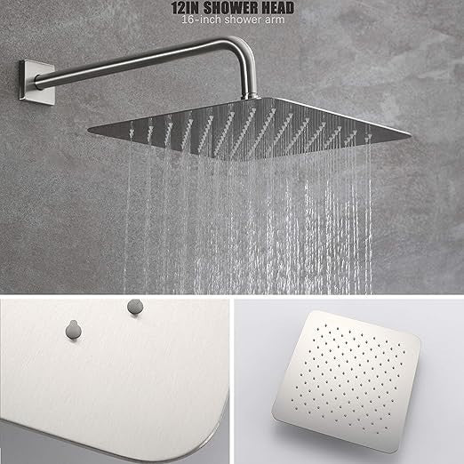 12 Inch Rain Shower Head Tub Spout Trim Kit Brushed Nickel Valve Included Square