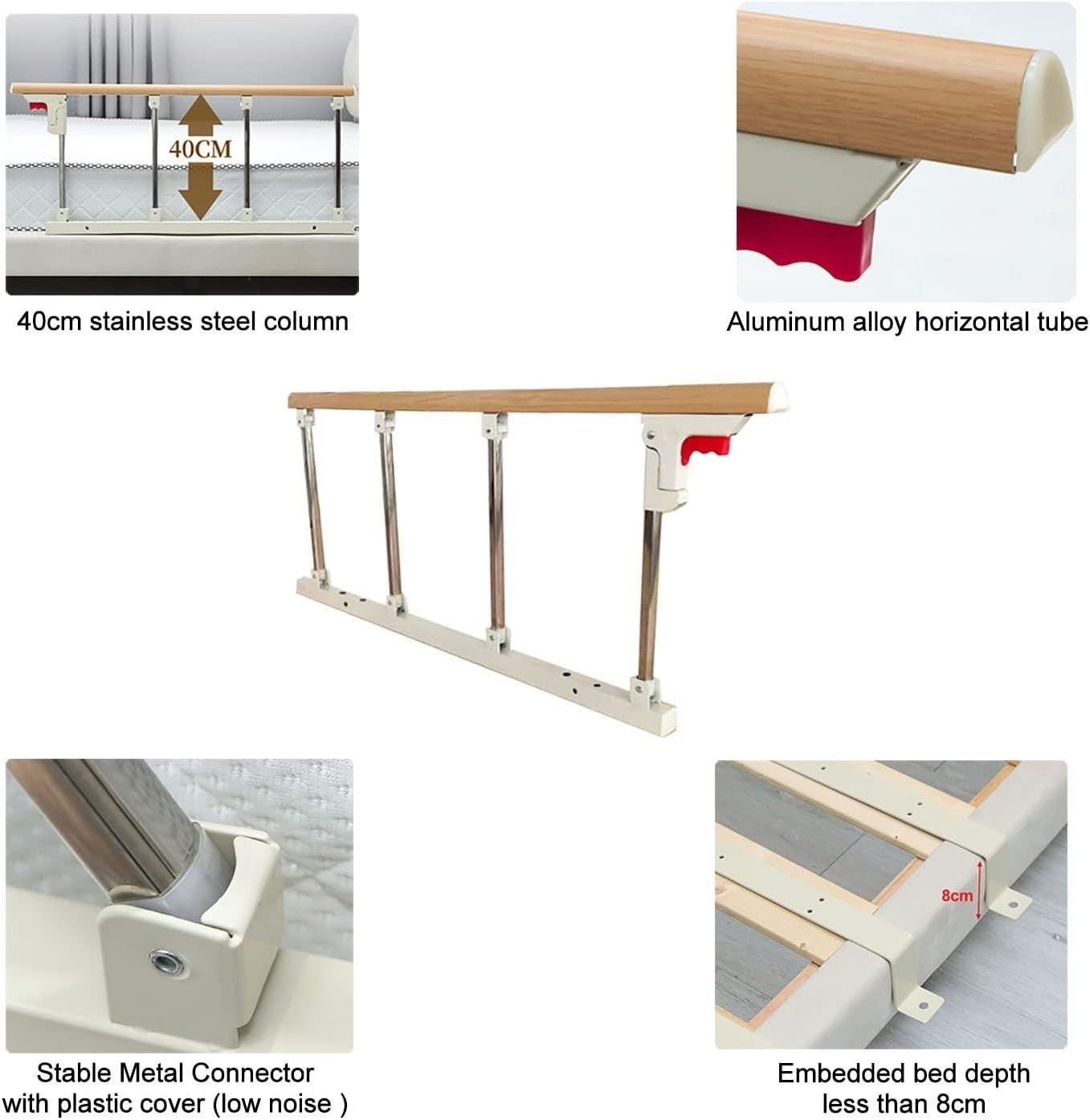 Folding Bed Rail 37.7x15.7" Aluminum Wood Grain One-Button Fold Seniors