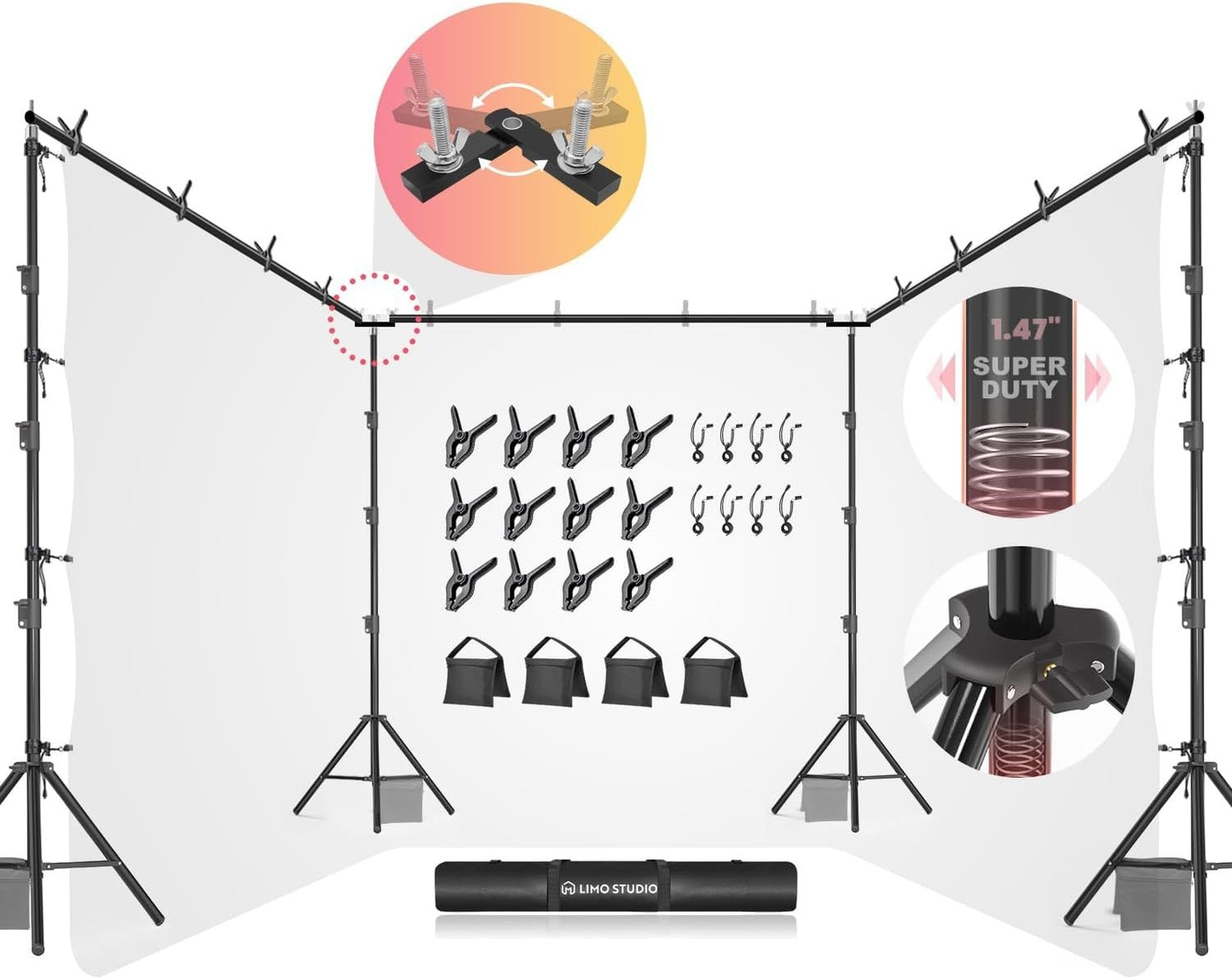 30ft Heavy Duty Backdrop Stand Kit Triple 360° Photo Video Event Sandbags Clamps