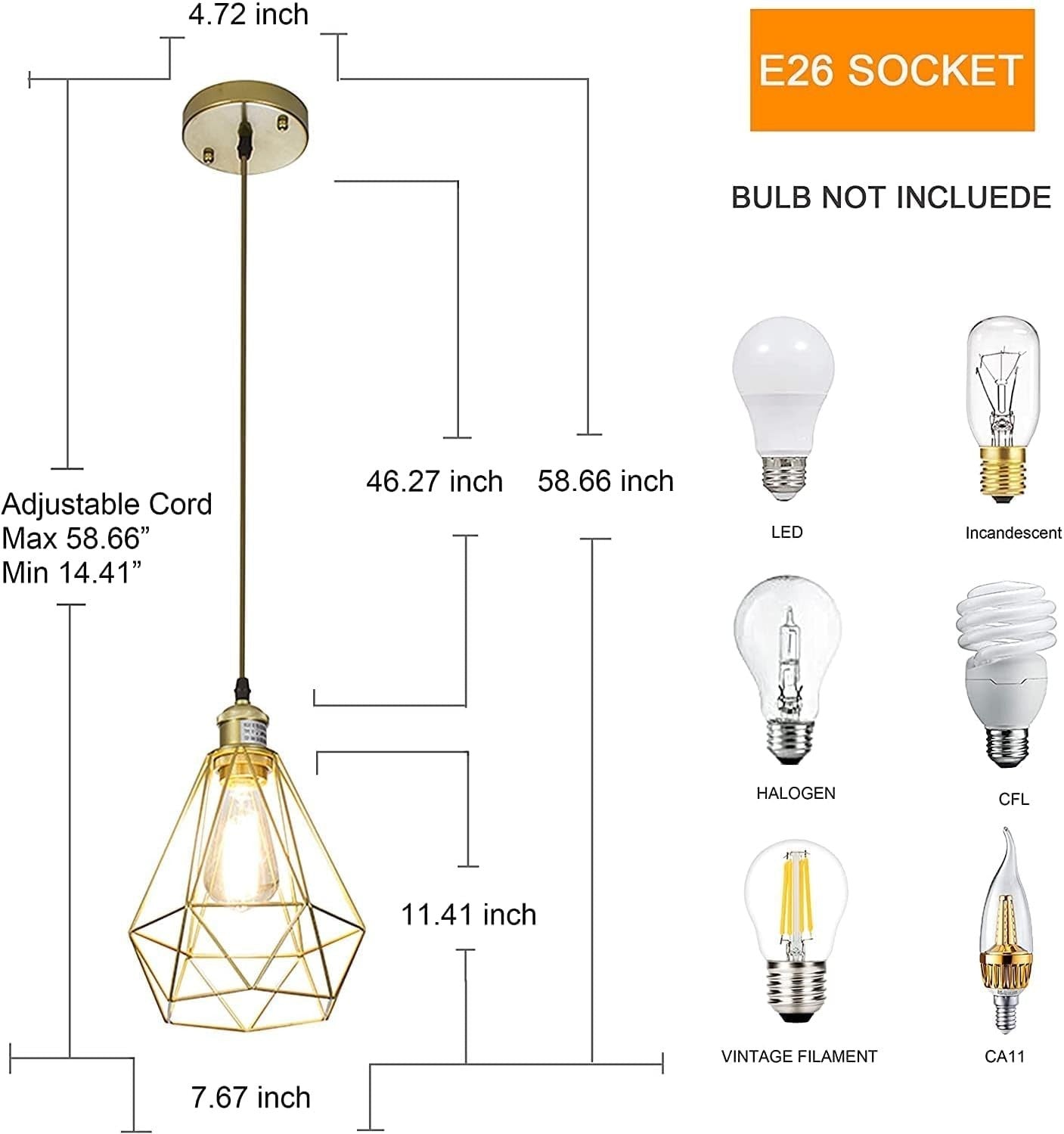 Gold Pendant Light 2 Pack Geometric Cage Kitchen Island Adjustable Modern Foyer