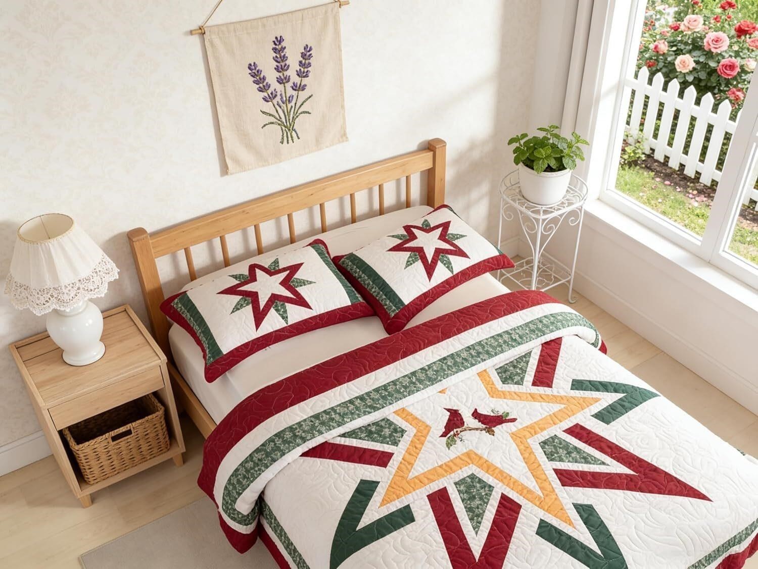 Cardinal Christmas Quilt Set King Patchwork Star 3 Pc Holiday Bedspread + 2 Sham