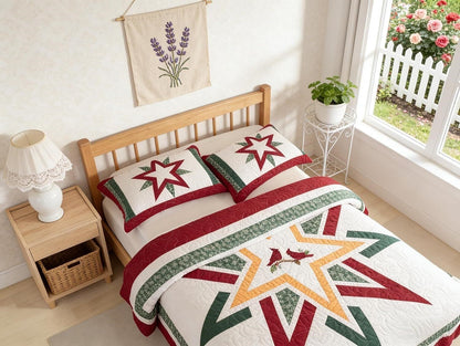 Cardinal Christmas Quilt Set King Patchwork Star 3 Pc Holiday Bedspread + 2 Sham