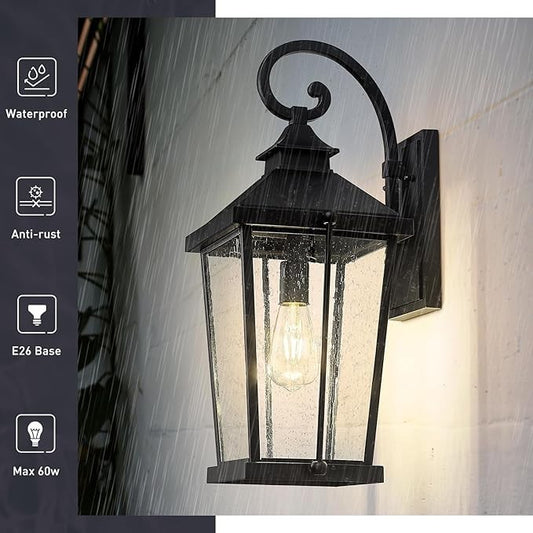 zeyu 22" Outdoor Wall Lantern 1-Light Seeded Glass Black Porch Light ETL E26