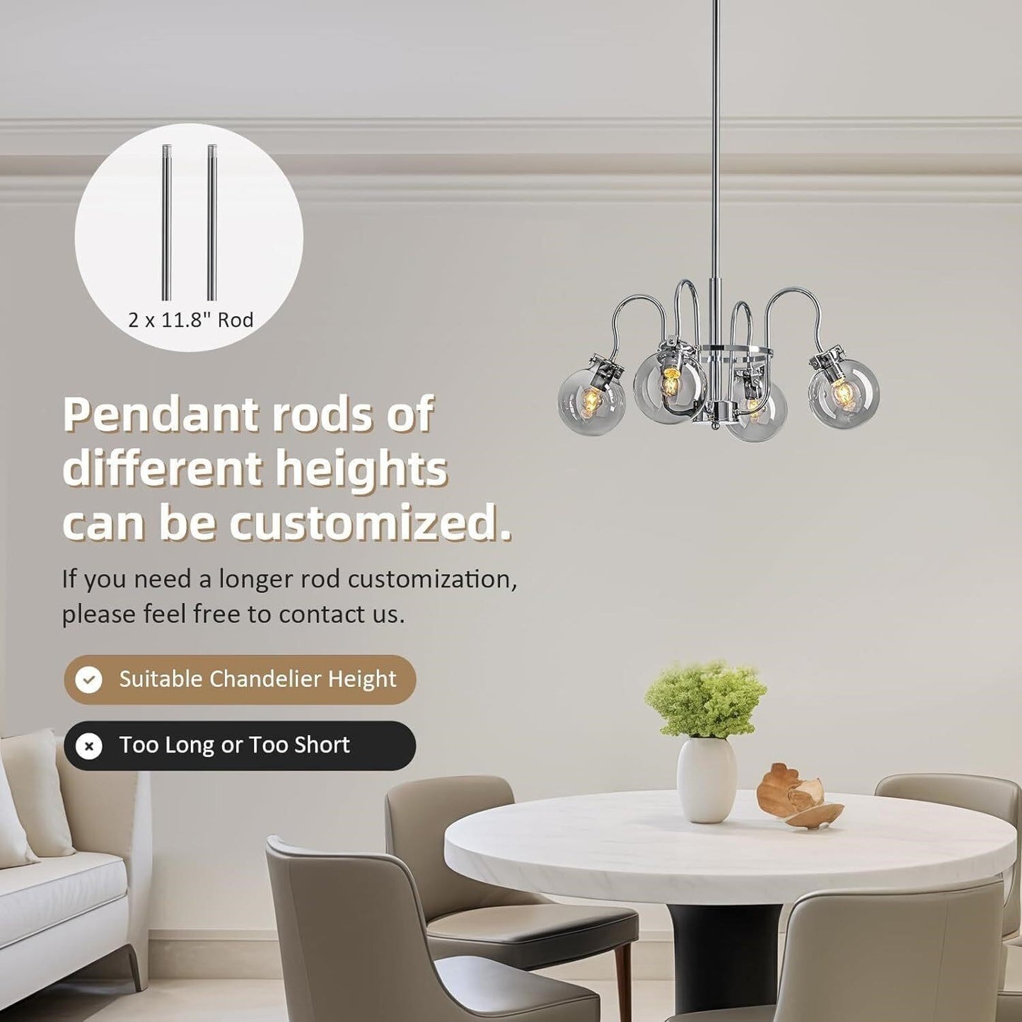 Modern 4-Light Chrome Sputnik Chandelier Smoke Grey Glass Globe E12