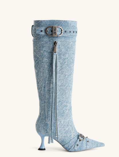 Nico Blue Denim Knee High Boot Pointed Toe Spool Heel Buckle Studded NIB