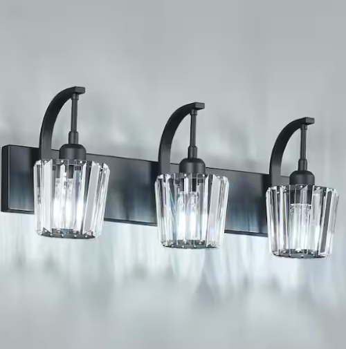 3-Light Crystal Vanity Light Black K9 Bathroom Over Mirror Sconce Dimmable 24in