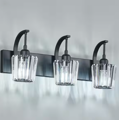 3-Light Crystal Vanity Light Black K9 Bathroom Over Mirror Sconce Dimmable 24in