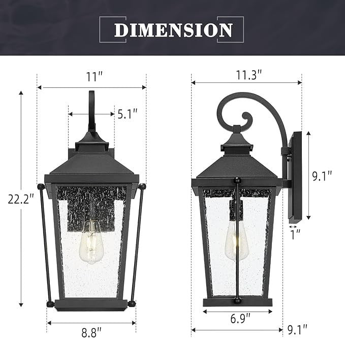 zeyu 22" Outdoor Wall Lantern 1-Light Seeded Glass Black Porch Light ETL E26