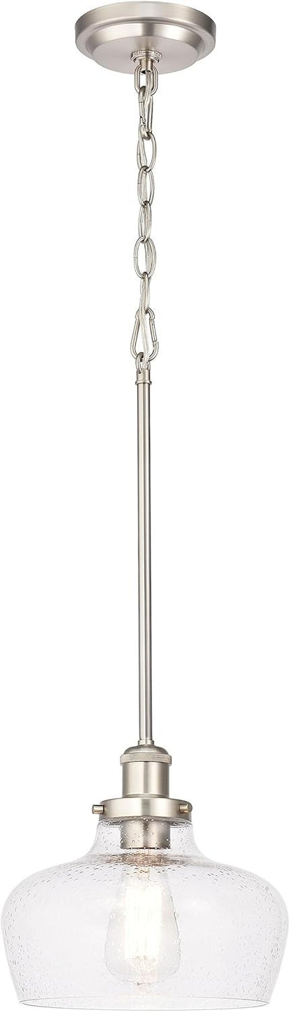 Farmhouse Pendant Light - Brushed Nickel & Seeded Glass - Adjustable Height