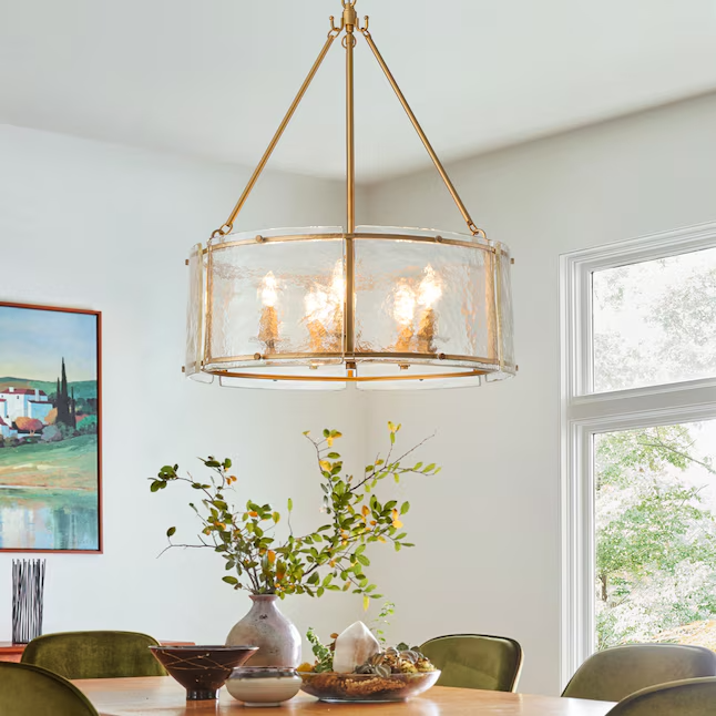 Gold Drum Chandelier 5-Light Ribbed Glass Pendant Dining Kitchen Island Dimmable