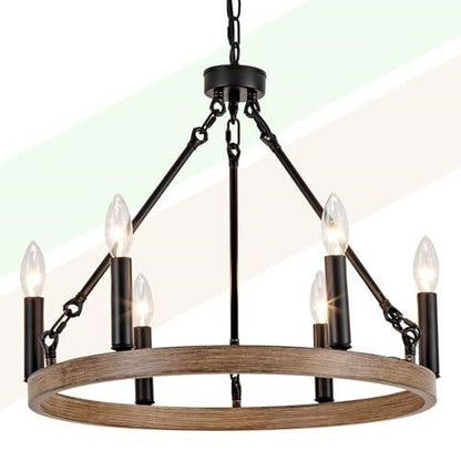 Rustic 24" Wagon Wheel Chandelier - 6-Light Wood Grain Farmhouse Fixture - ZVL