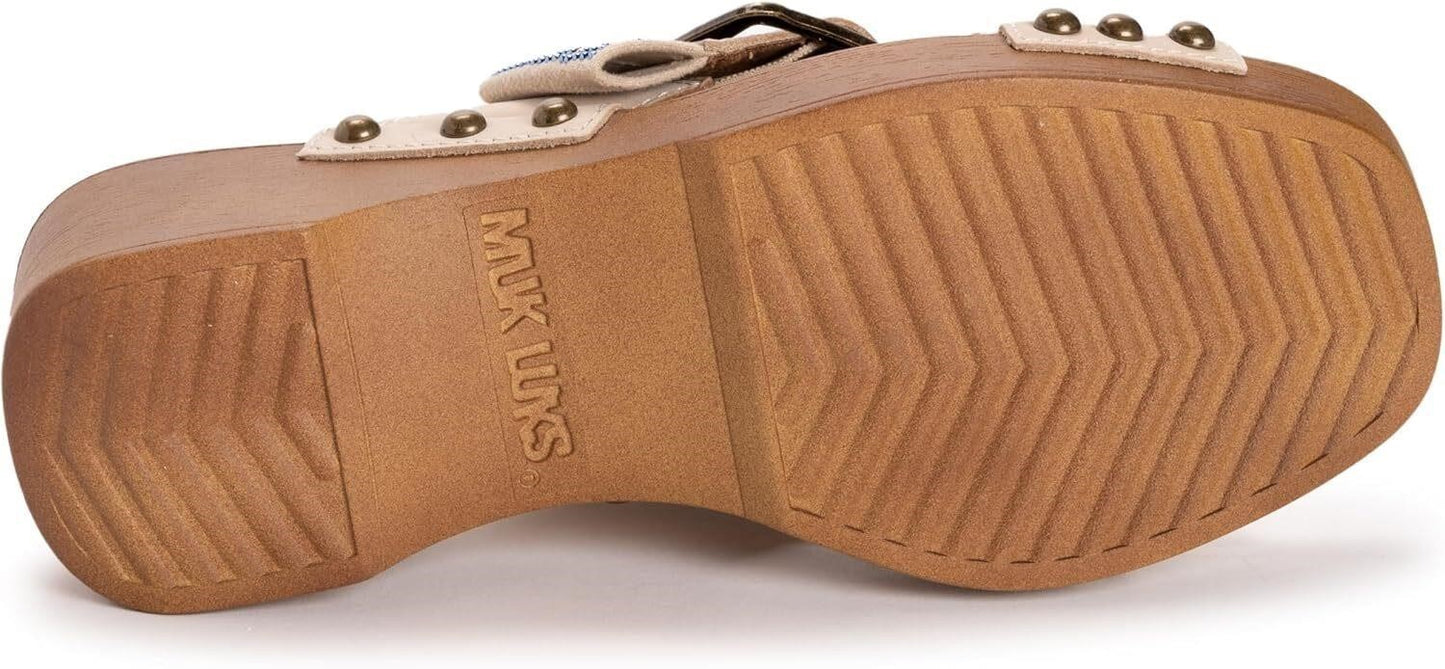 MUK LUKS Charlotte Women Size 7 Wedge Sandal Natural Nubuck Leather Memory Foam