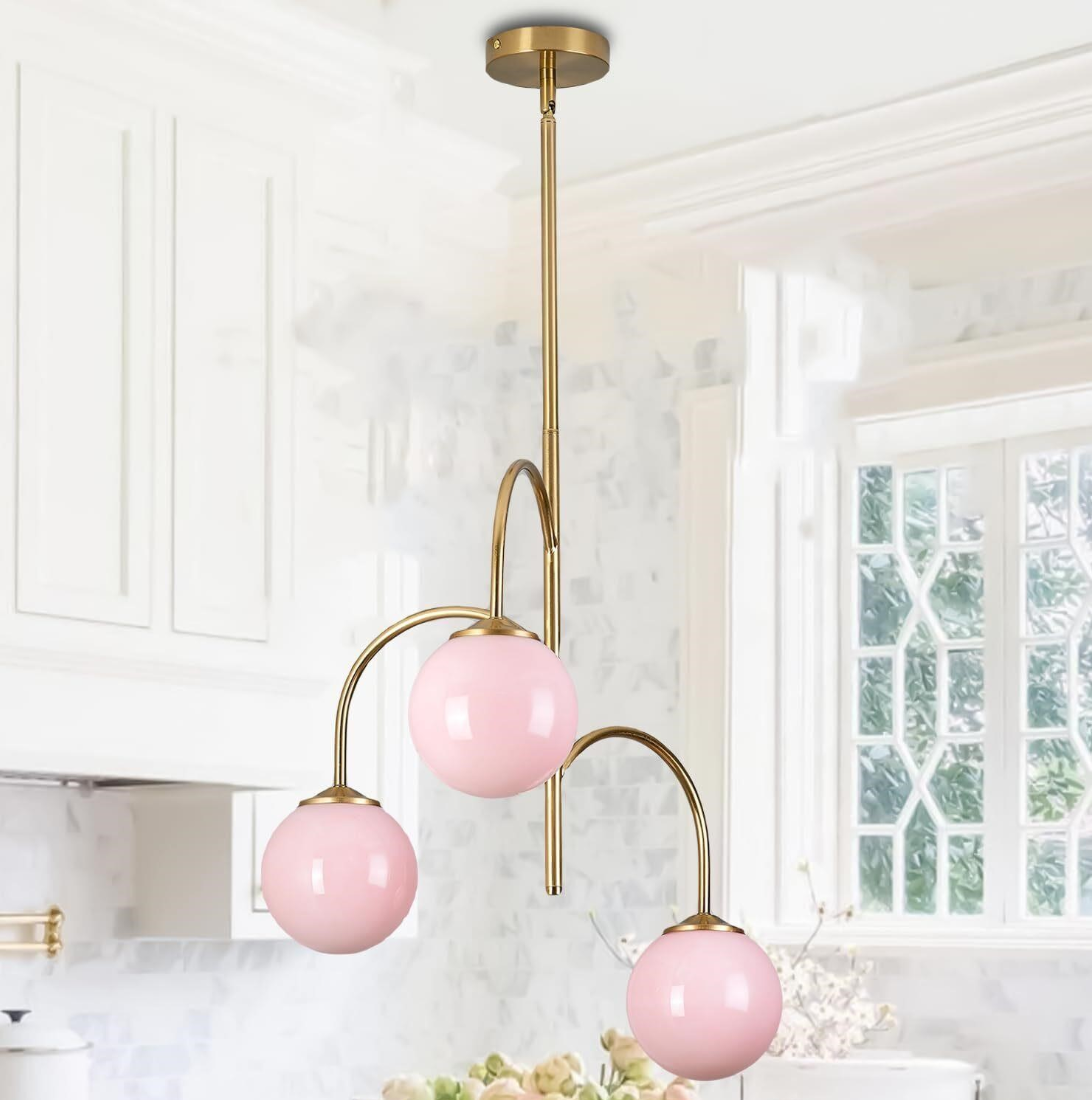 3-Light Pink Glass Globe Pendant Chandelier 21.7" Brass Gold Dimmable G9
