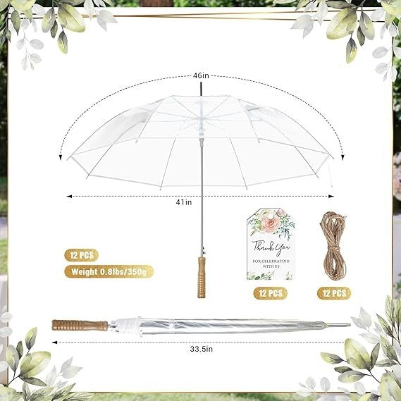 Clear Wedding Umbrellas 12 Pack 41 Inch Stick Wood Handle Bridal Bulk Photo Prop