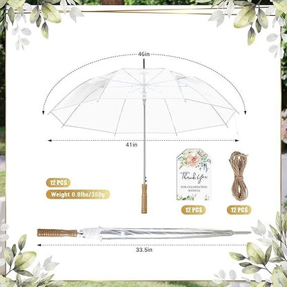 Clear Wedding Umbrellas 12 Pack 41 Inch Stick Wood Handle Bridal Bulk Photo Prop
