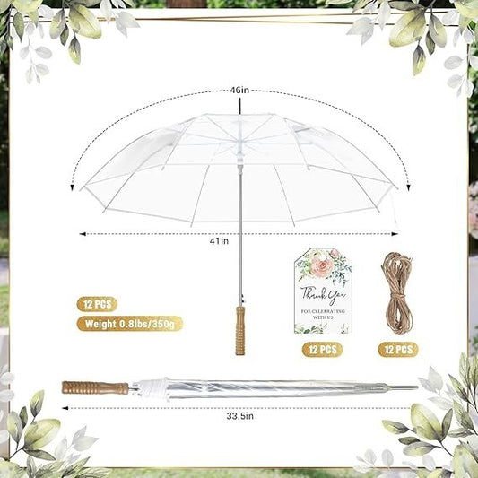 Clear Wedding Umbrellas 12 Pack 41 Inch Stick Wood Handle Bridal Bulk Photo Prop