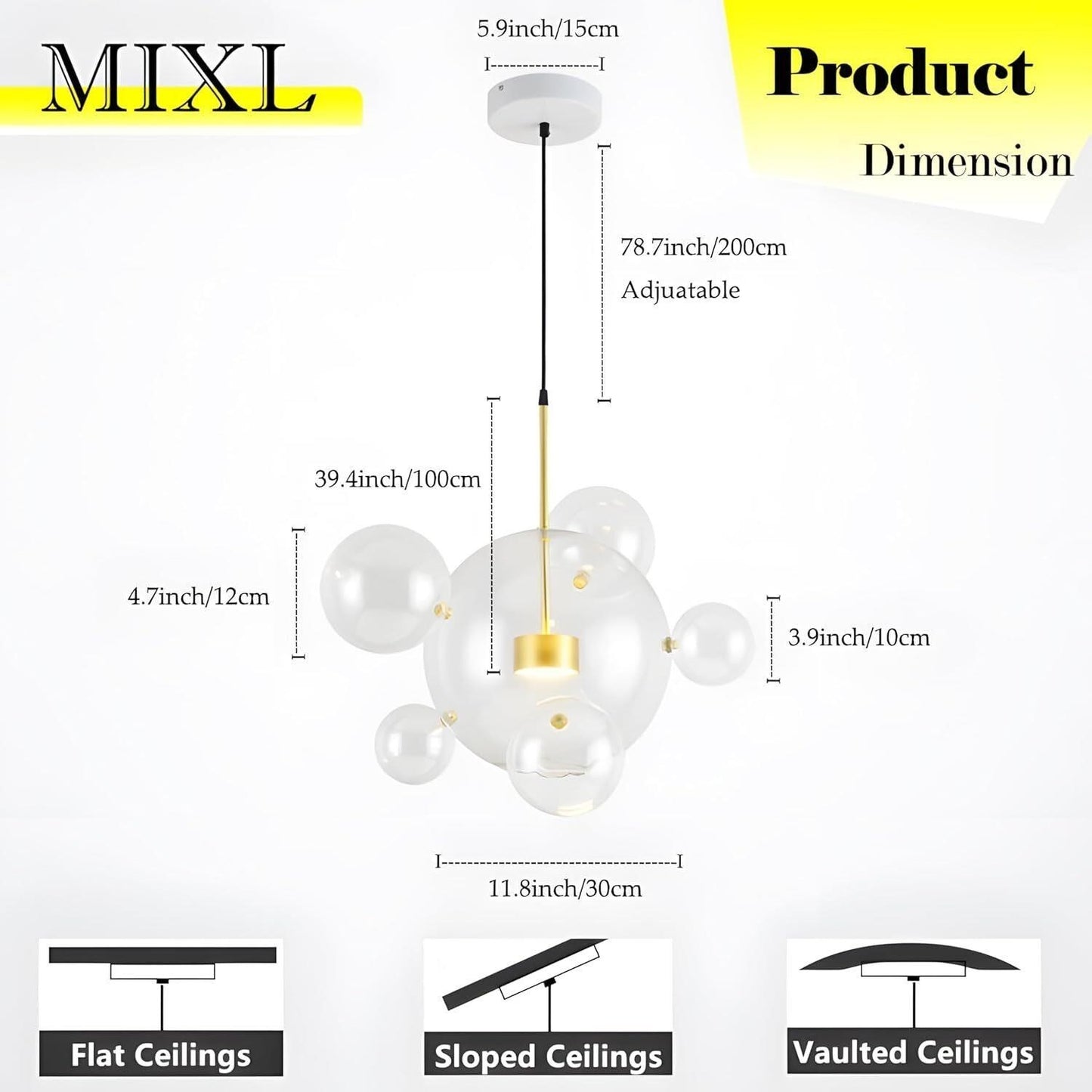 Modern Bubble Glass Globe Chandelier Pendant Light 20" Gold Dimmable LED