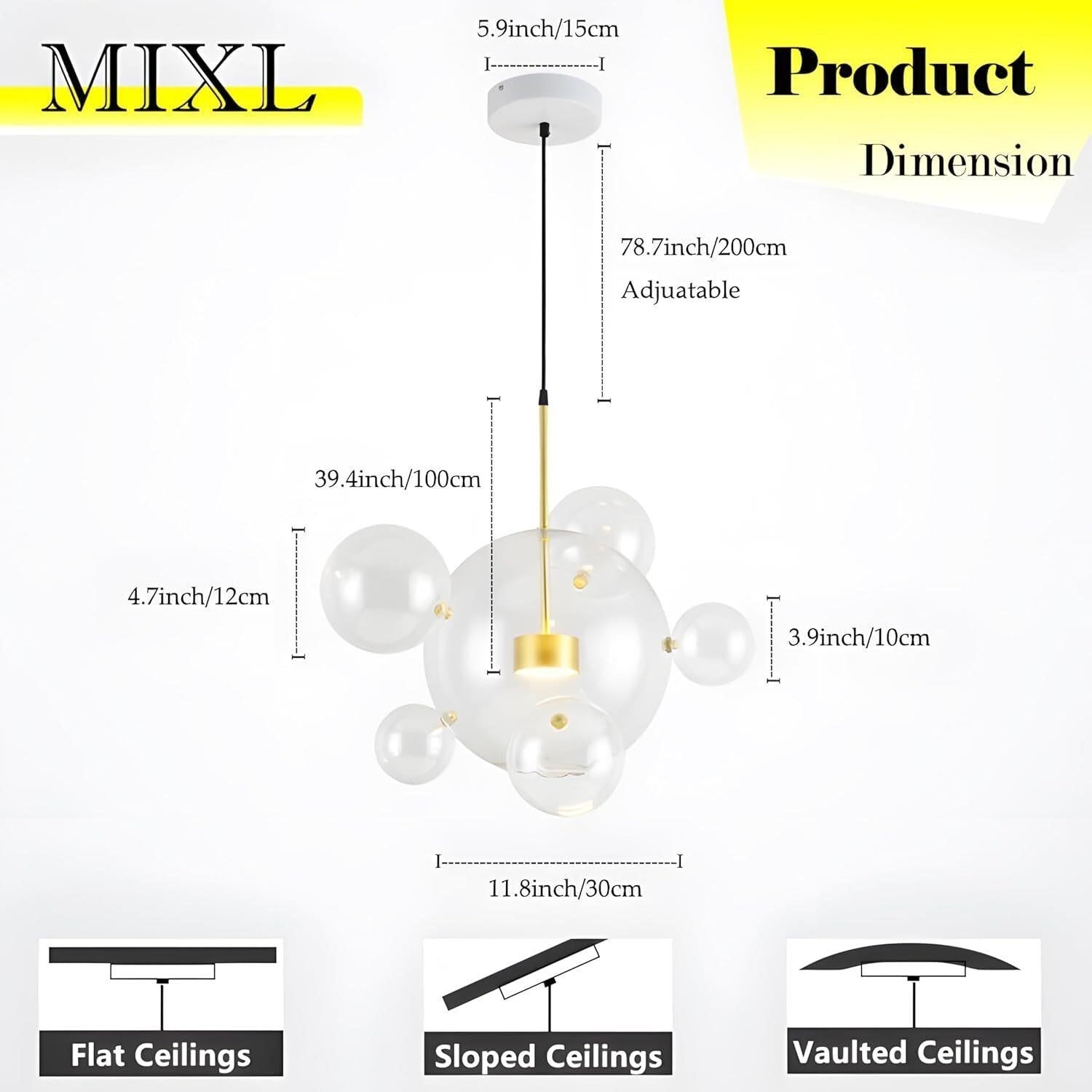 Modern Bubble Glass Globe Chandelier Pendant Light 20" Gold Dimmable LED